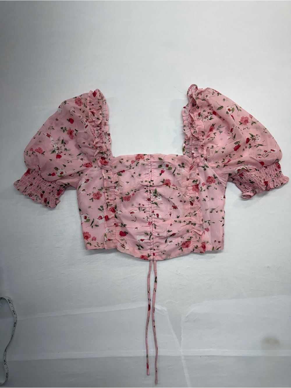 Ruched Pink Floral Puff-Sleeve Crop Top Bohemian Cottagecore Princess